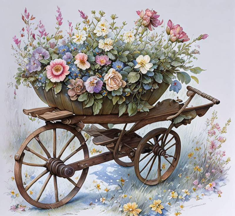 Rustic wooden wheelbarrow with colorful flowers on plain background