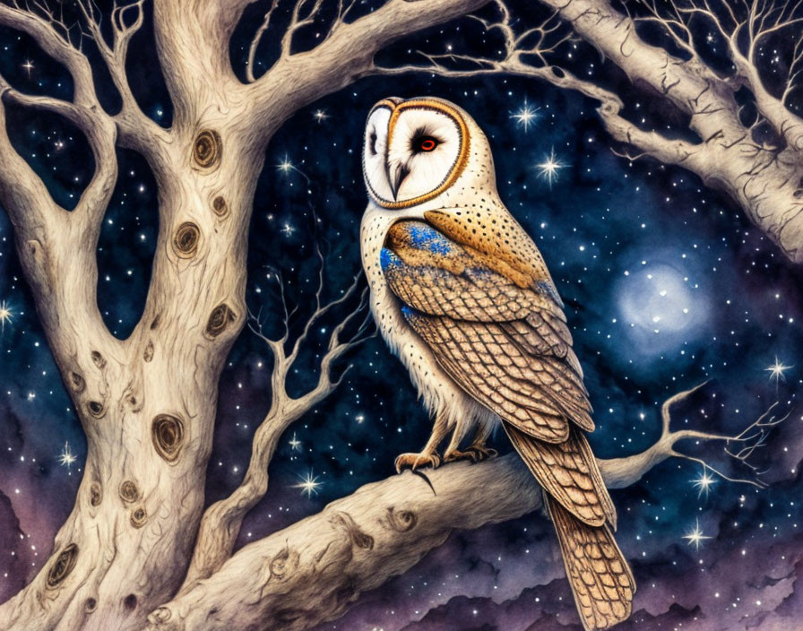 Illustration of barn owl on tree branch under starry night sky