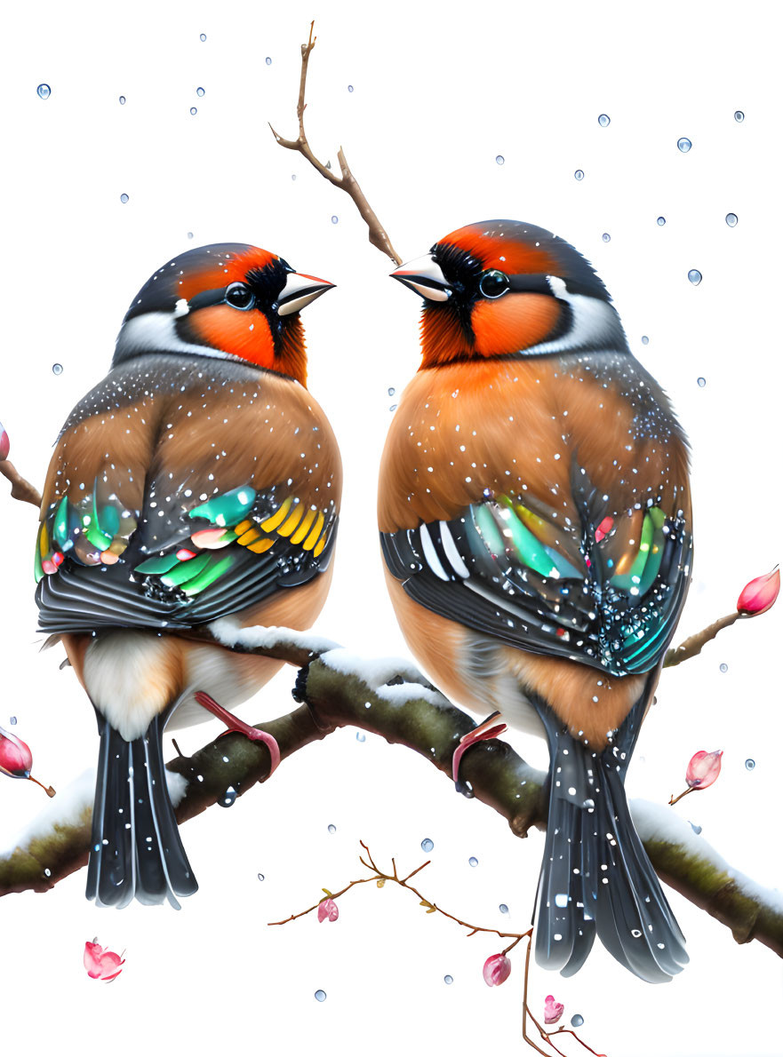 Colorful Birds on Branch with Flowers and Snowflakes