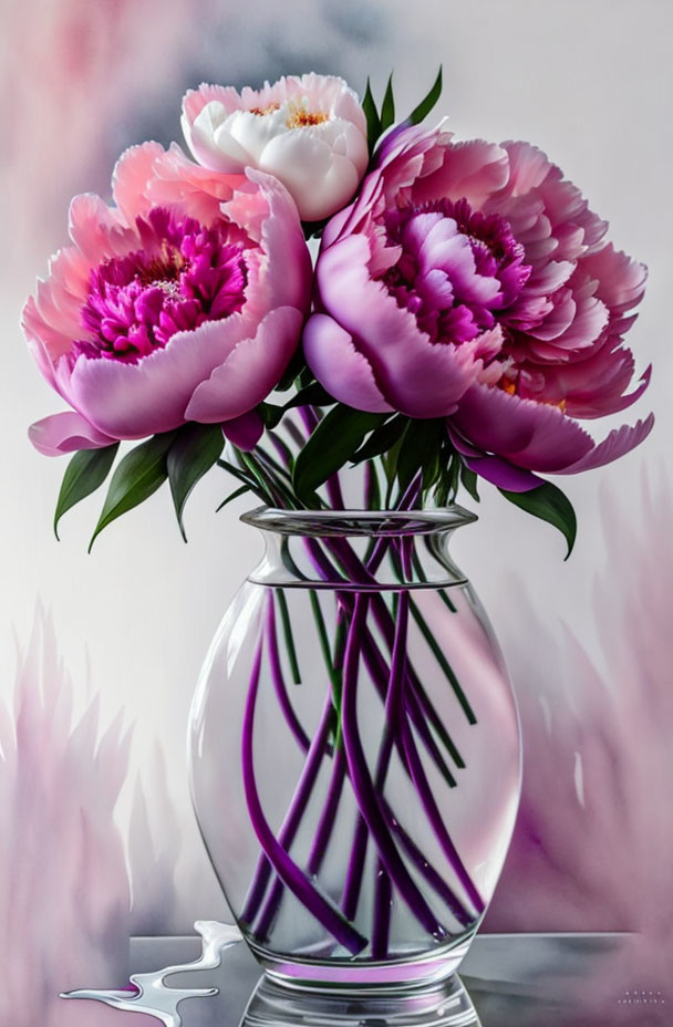 Pink and White Peonies in Clear Glass Vase on Gray Background