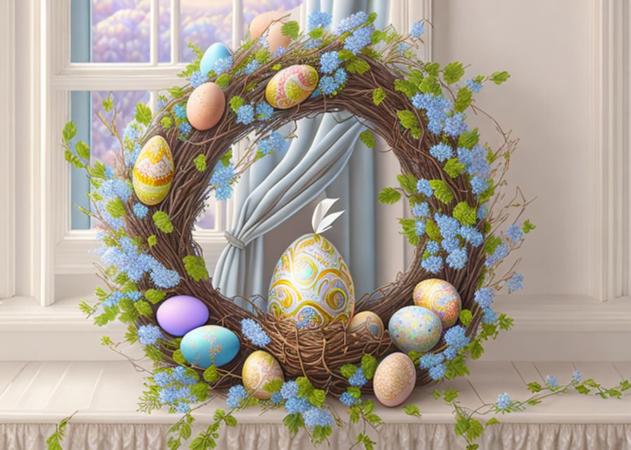 Colorful Easter wreath with painted eggs and blue flowers on windowsill with billowing white curtains