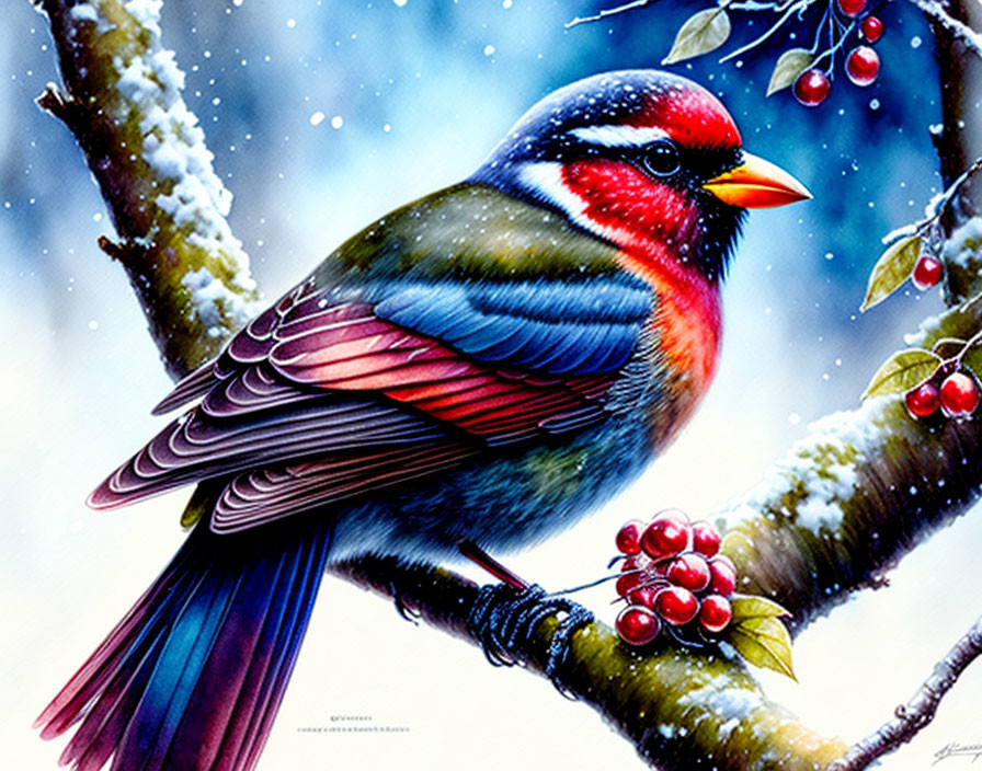 Colorful Bird on Snowy Branch with Red Berries and Feather Pattern