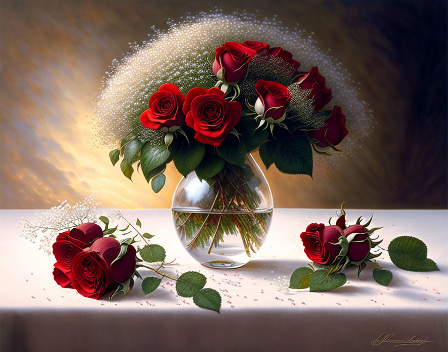 Realistic red roses bouquet in glass vase with water droplets on table