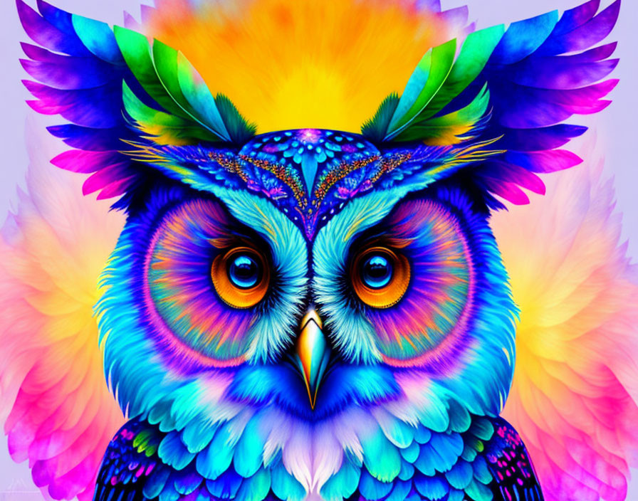 Colorful Owl Artwork with Hypnotic Eyes & Whimsical Feathers