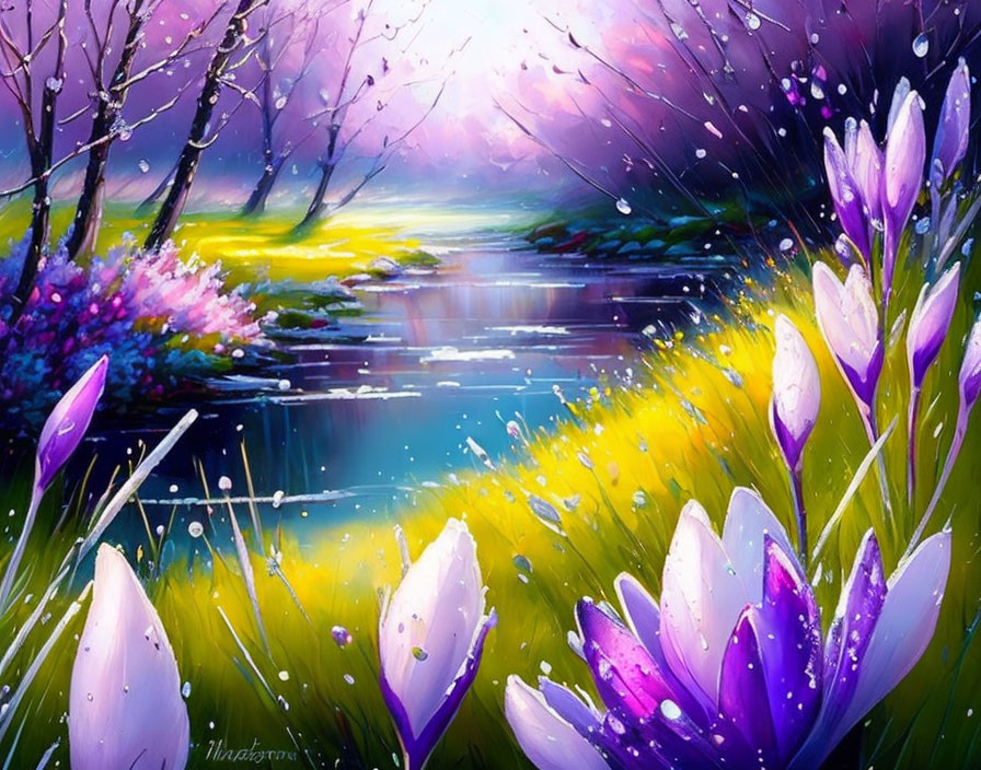 Lush Landscape Painting with Purple Flowers and Serene River