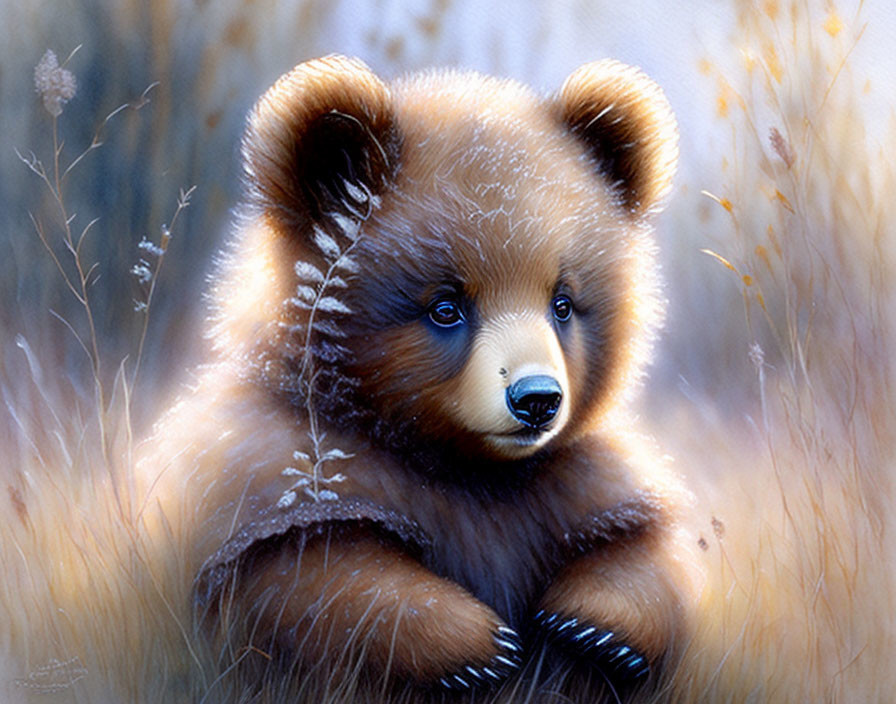 Young brown bear cub sitting in grassy field with soft, dense coat under gentle light