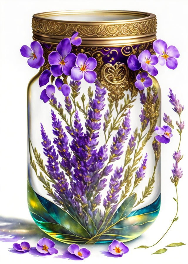 Transparent Jar with Lavender and Violet Flowers on Light Surface