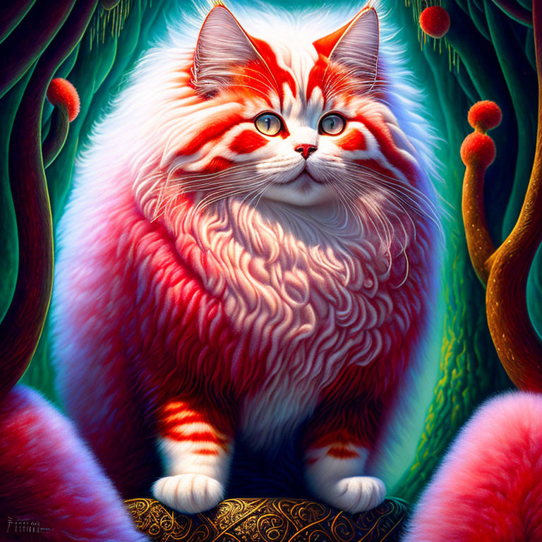 Majestic orange and white cat in lush, colorful fantasy setting