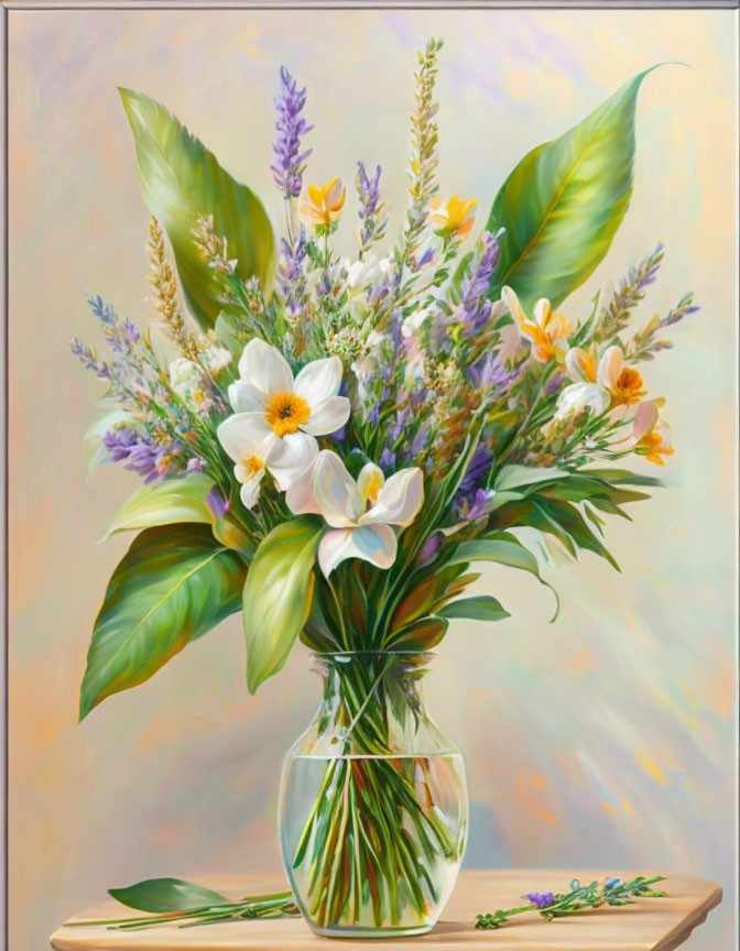 Colorful Bouquet Painting with White and Orange Blooms in Glass Vase