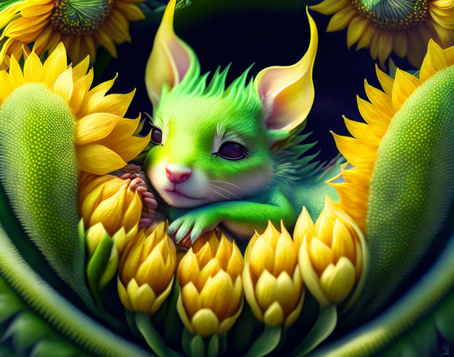 Vibrant green fantasy creature with feline features in sunflower setting