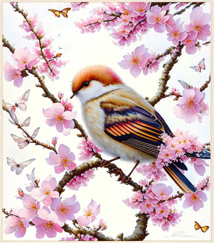 Colorful Bird on Cherry Blossom Branch with Butterflies