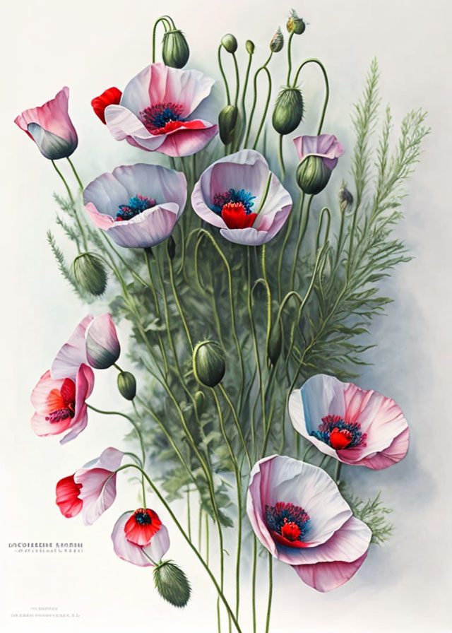 Colorful Poppy Illustration with Delicate Petals & Green Foliage