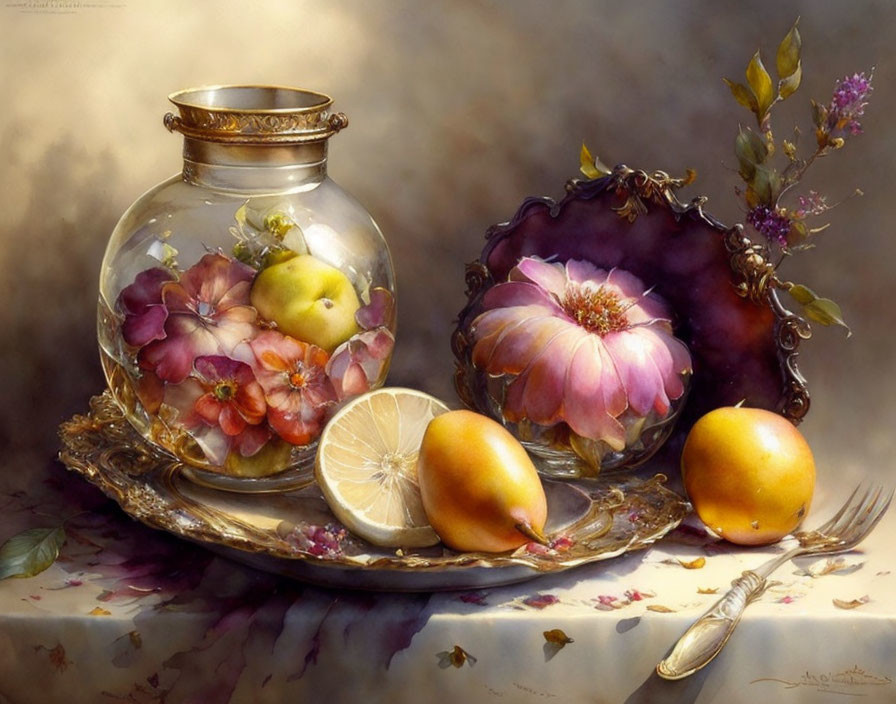 Classic still life painting with glass jar, fruits, flowers, lemon slices, and berries on silver pl