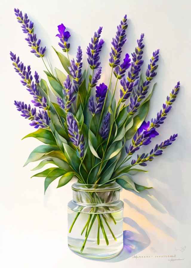 Realistic painting of vibrant purple lavender flowers in glass jar