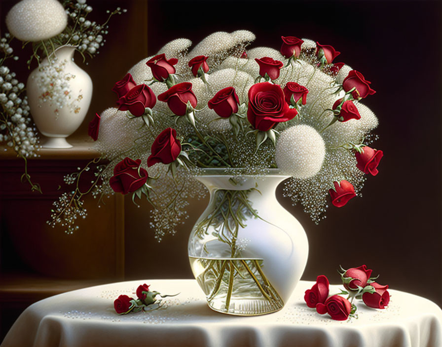 Red roses and baby's breath bouquet in white vase on table with scattered roses and second vase.