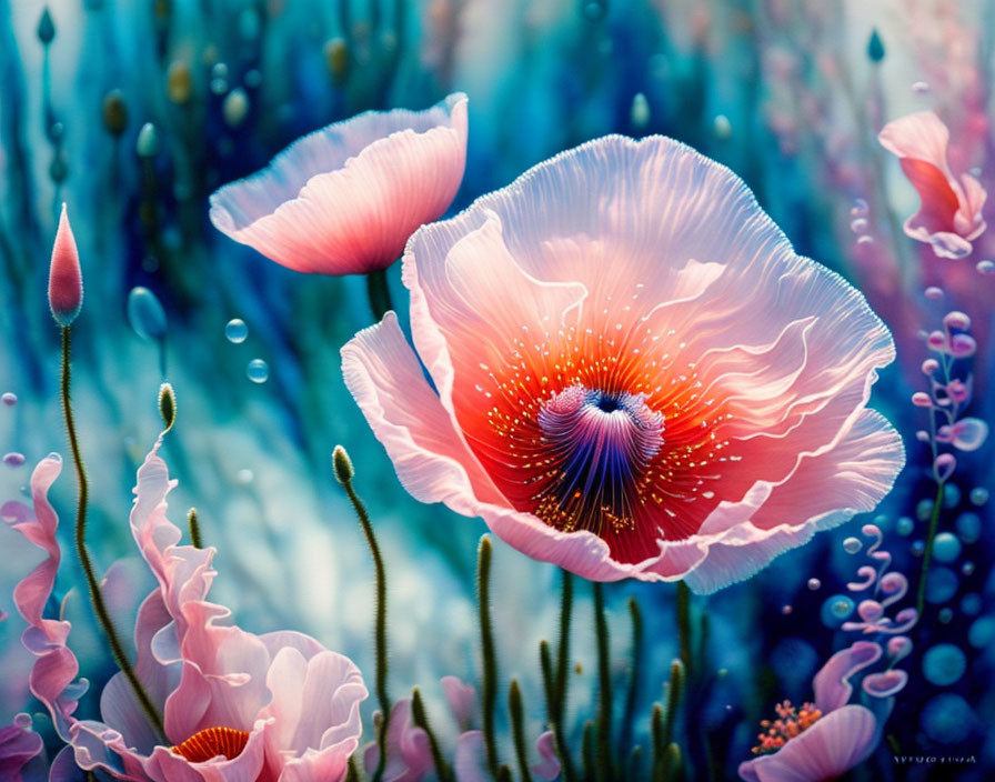 Vibrant Pink Poppies with Delicate Petals and Prominent Stamens in Ethereal