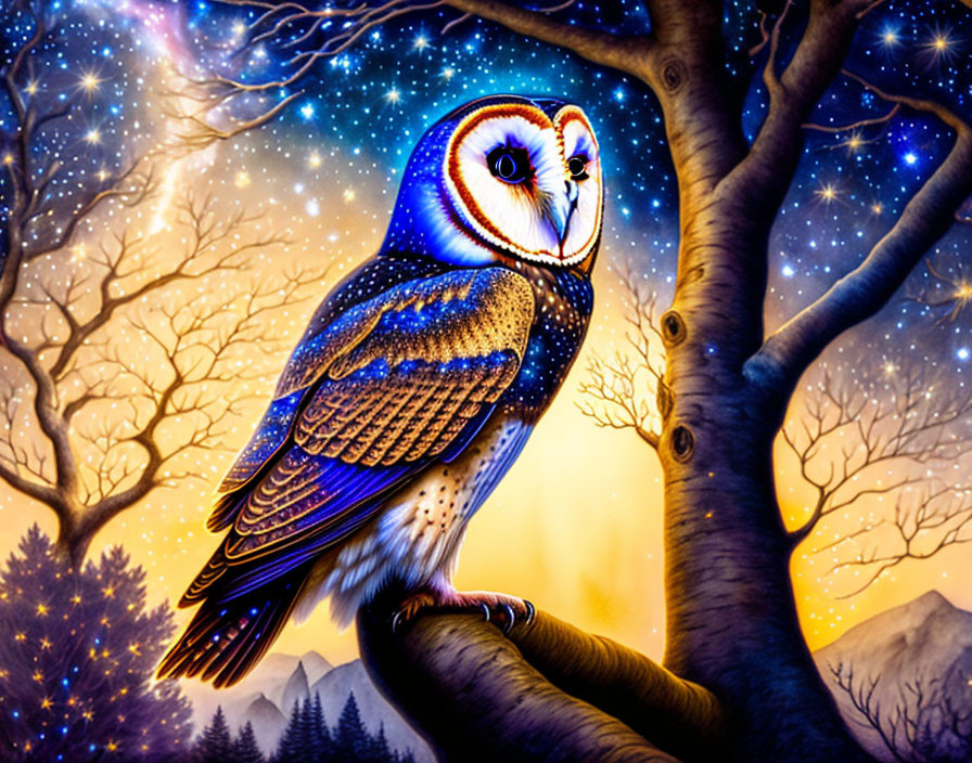 Colorful Owl Perched on Tree Branch Night Scene