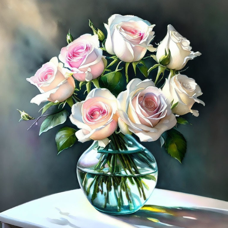 Pink and White Roses Bouquet in Clear Glass Vase on Surface