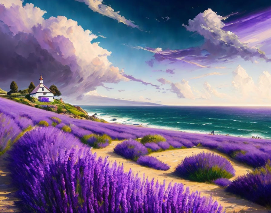 Coastal landscape painting with white house on cliff, lavender fields, dramatic sky