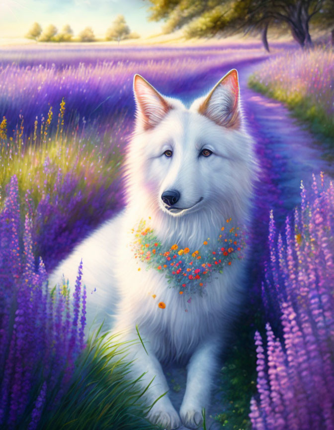 White Dog with Floral Garland in Purple and Yellow Flower Field