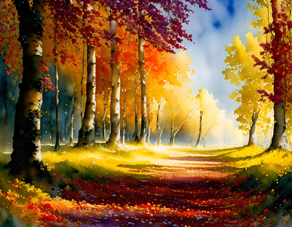 Vibrant watercolor painting of autumn forest with sunlight and fallen leaves