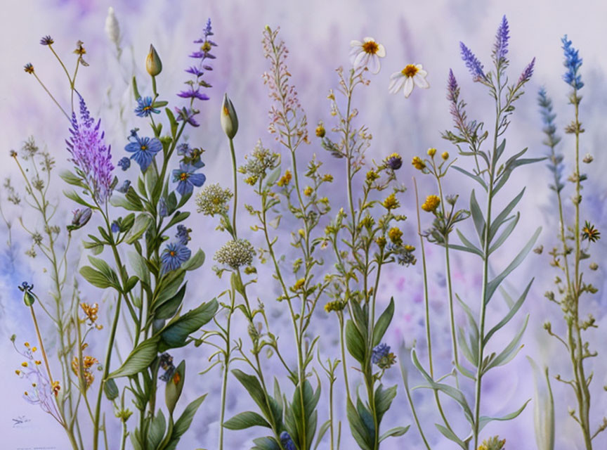 Colorful Wildflowers in Purple, Blue, and Yellow with Green Foliage