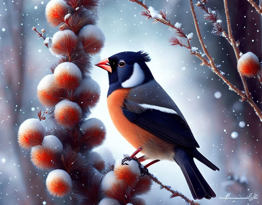 Colorful Bird with Black, White, and Orange Plumage on Snowy Branch