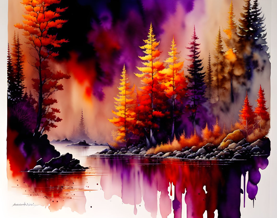 Colorful autumn trees reflected in calm water with purple and orange hues in misty landscape