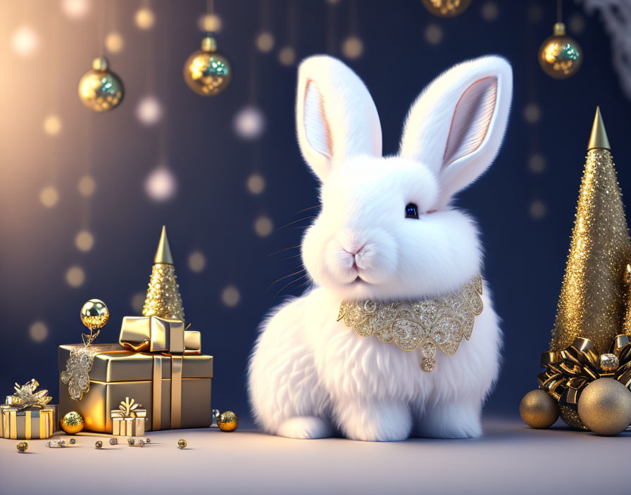 White Rabbit with Gold Collar Surrounded by Christmas Decorations