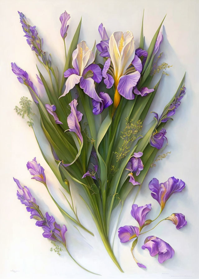 Realistic painting of vibrant purple and yellow irises on beige background