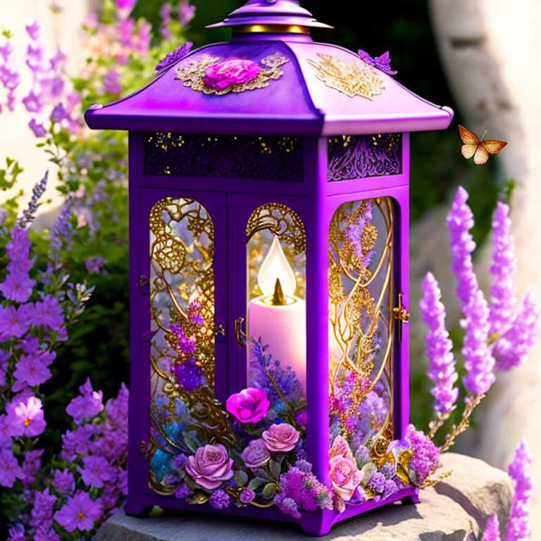 Purple lantern with gold accents and floral patterns, candle inside, surrounded by green foliage and purple flowers.