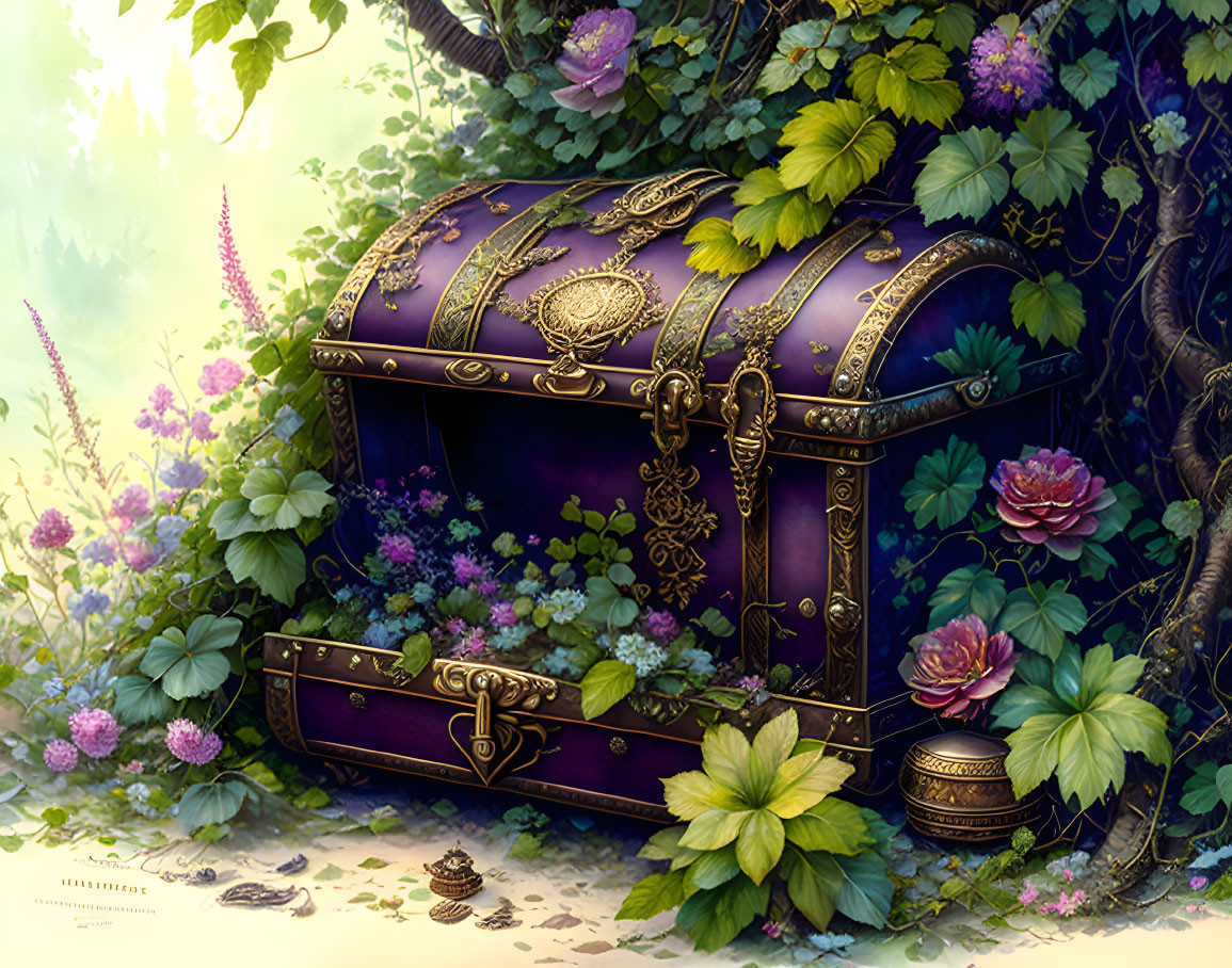 Purple and gold ornate chest in lush garden with scattered coins