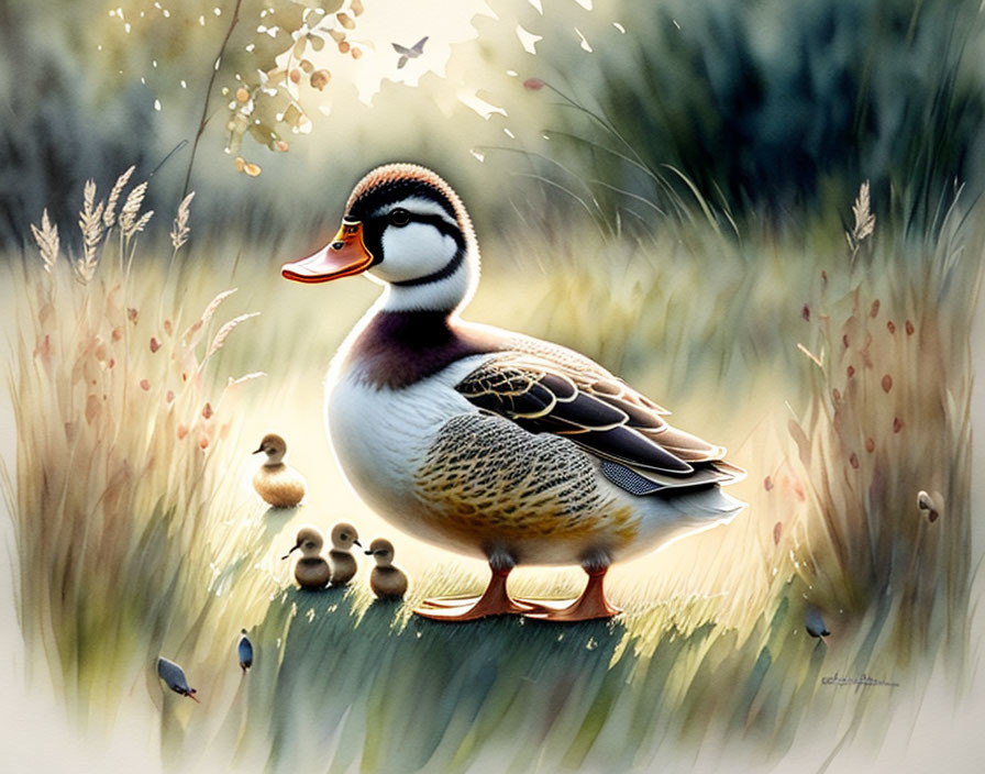 Mother Duck with Ducklings in Tall Grass and Soft-Glowing Background