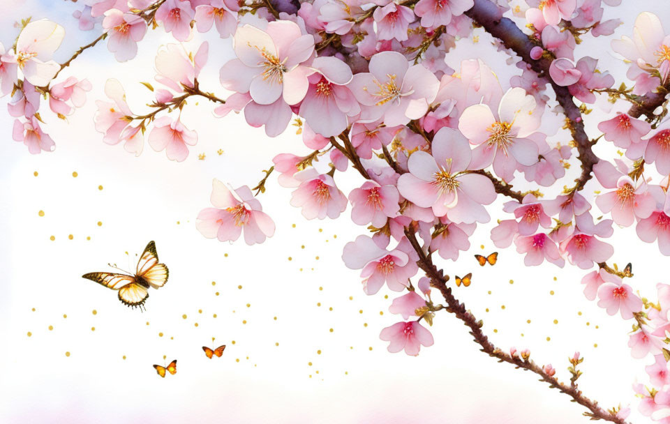 Pink cherry blossoms and butterflies in golden pollen on a soft pale background