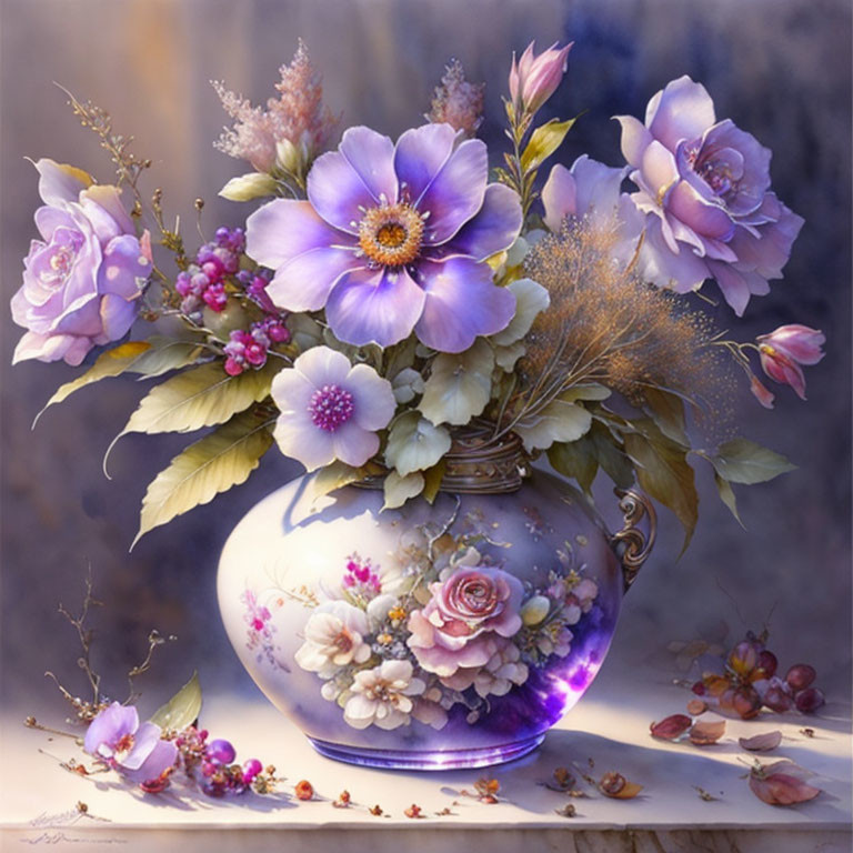 Purple and Pink Flowers in Porcelain Vase on Textured Background