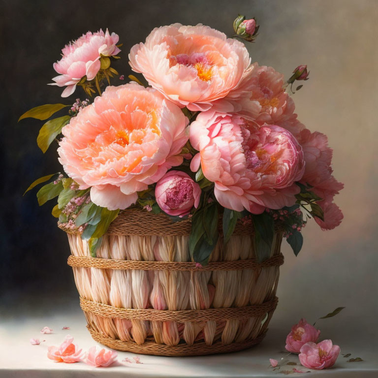 Pink peonies in basket against dark background