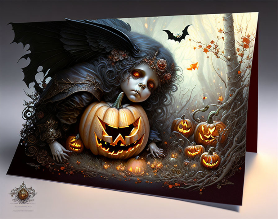 Girl with bat wings on pumpkin surrounded by carved pumpkins, autumn leaves, and bat.