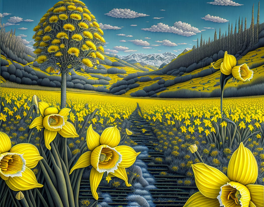 Surreal landscape with yellow daffodils, blooming tree, and mountains