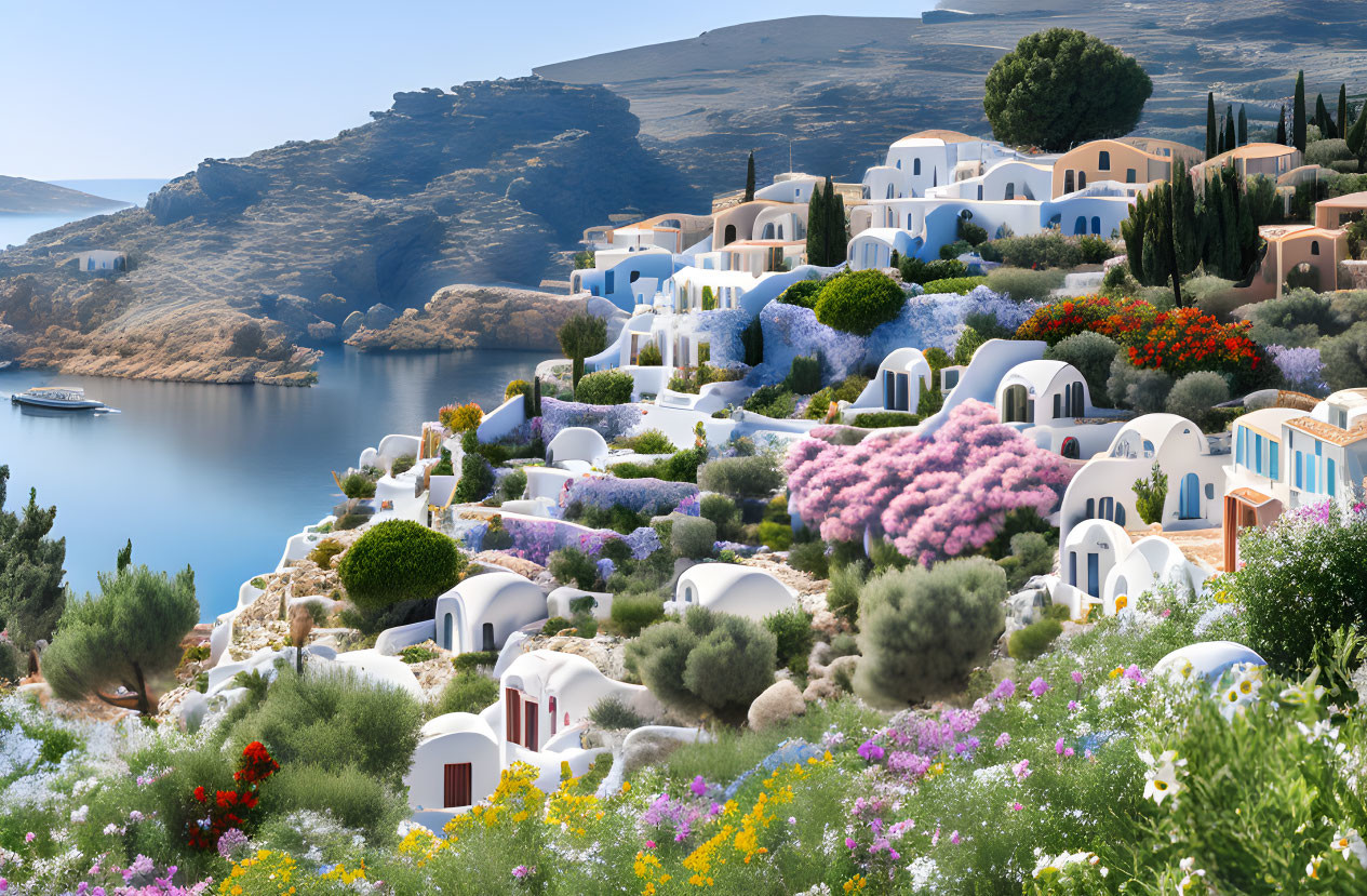 Coastal Village with White Buildings, Blue Domes, and Flowers by Calm Blue Sea