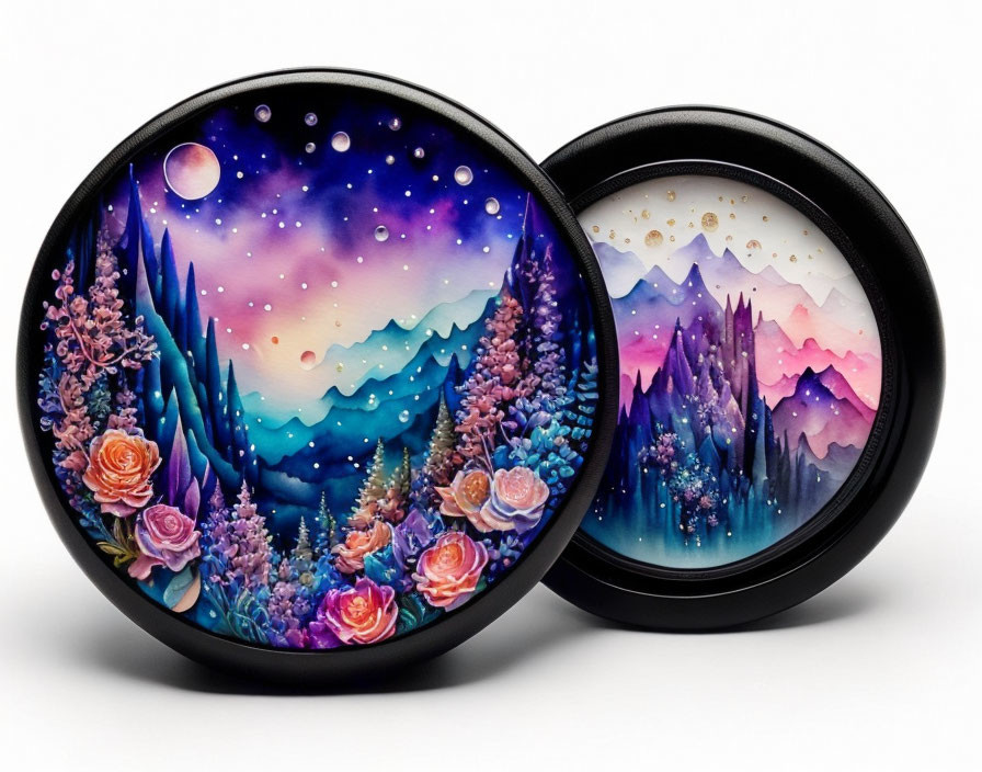 Vibrant round art pieces: fantastical landscapes with mountains, flowers, and celestial elements in night