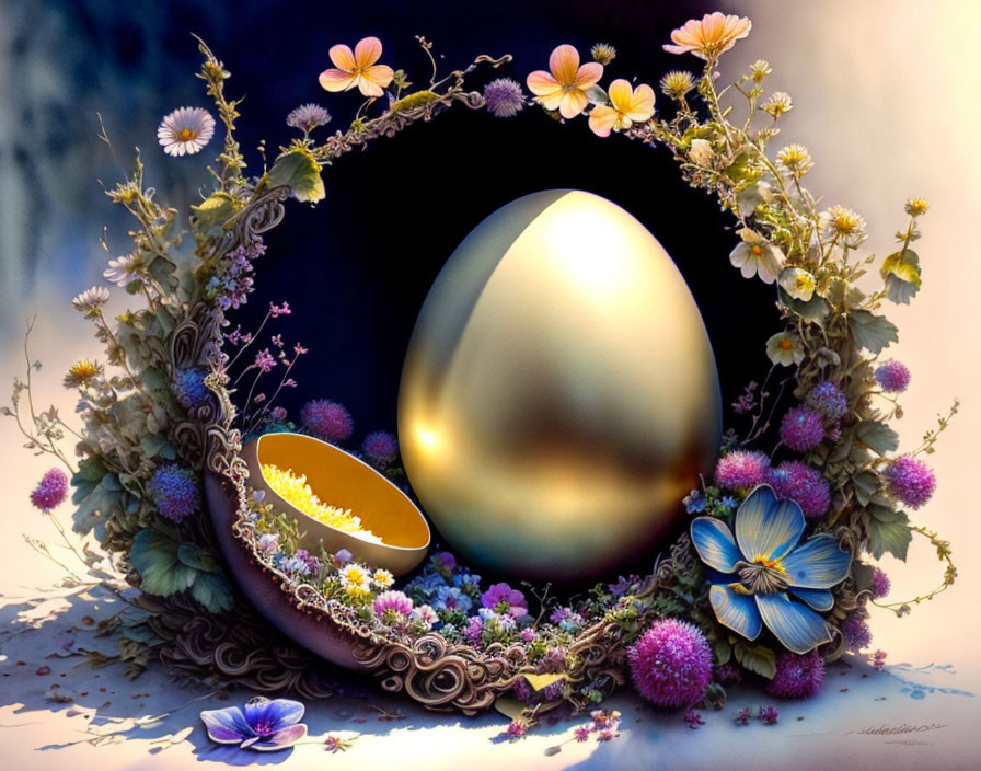 Golden egg surrounded by vibrant floral wreath with purple, pink, and white blossoms