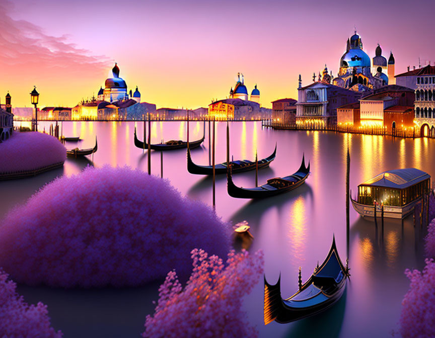 Exaggerated pink Venice cityscape with luminous buildings and gondolas at sunset