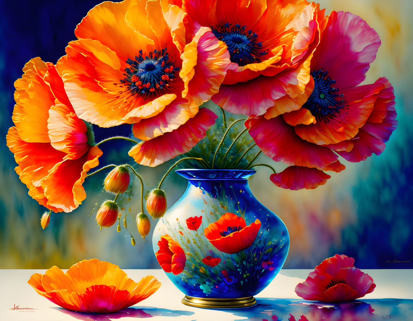 Bright orange poppies with blue centers in a blue vase on a reflective surface, set against a colorful