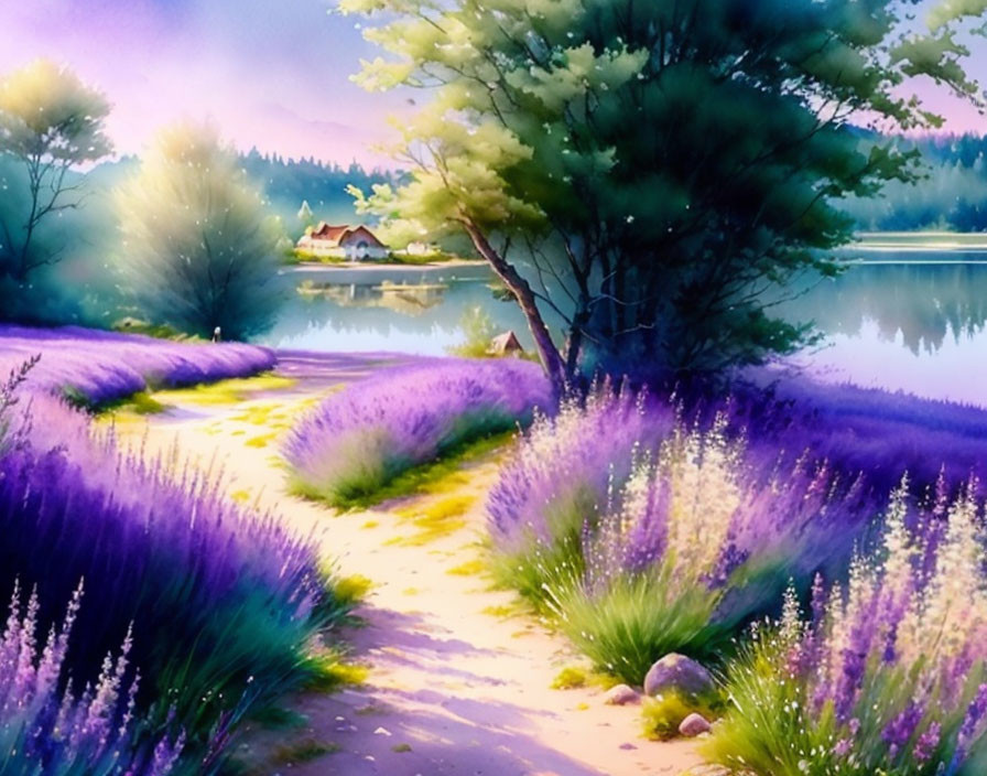 Tranquil lakeside scene with lavender fields, trees, and cottage