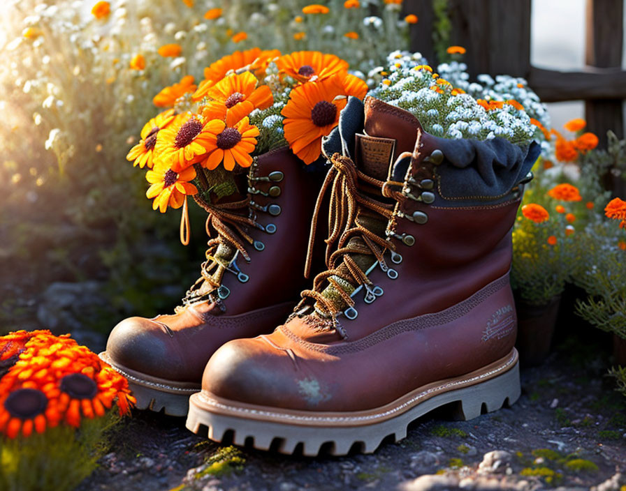 Brown leather boots with flowers in garden at golden hour