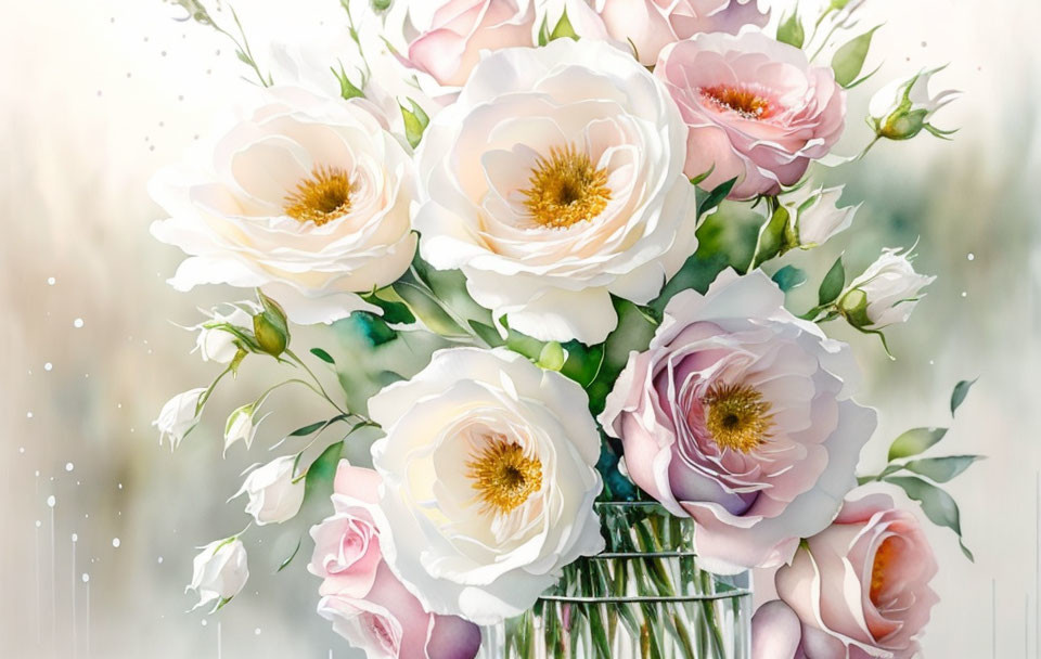 Pink and White Watercolor Roses in Clear Vase on Light Background