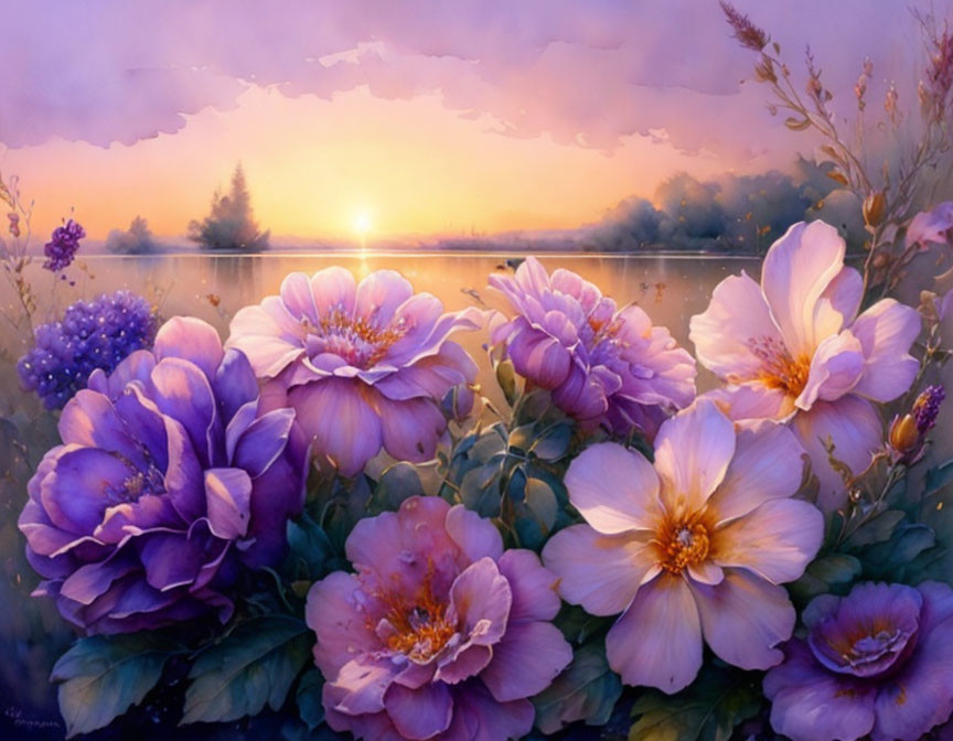 Vivid Purple and Pink Flowers with Lake and Sunset