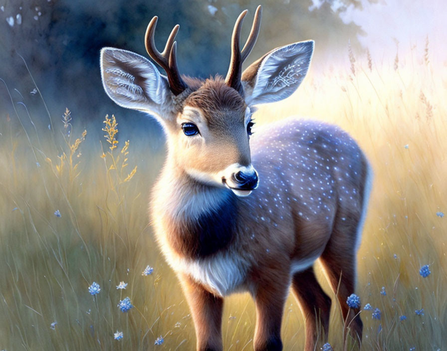 Young deer digital artwork with prominent eyes and antlers in sunlit field.