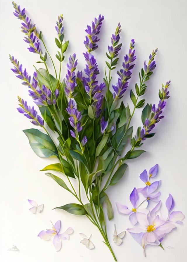 Purple lupine flowers with butterflies on pale background