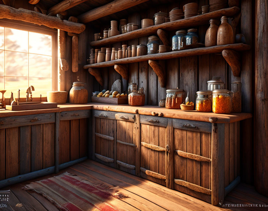 Rustic wooden kitchen with shelves, pottery, sunset light, and woven rug